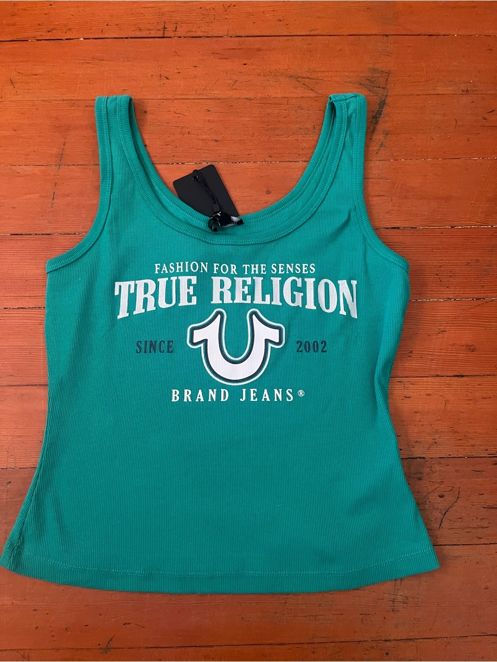 True Religion Teal Ribbed Logo Tank Top